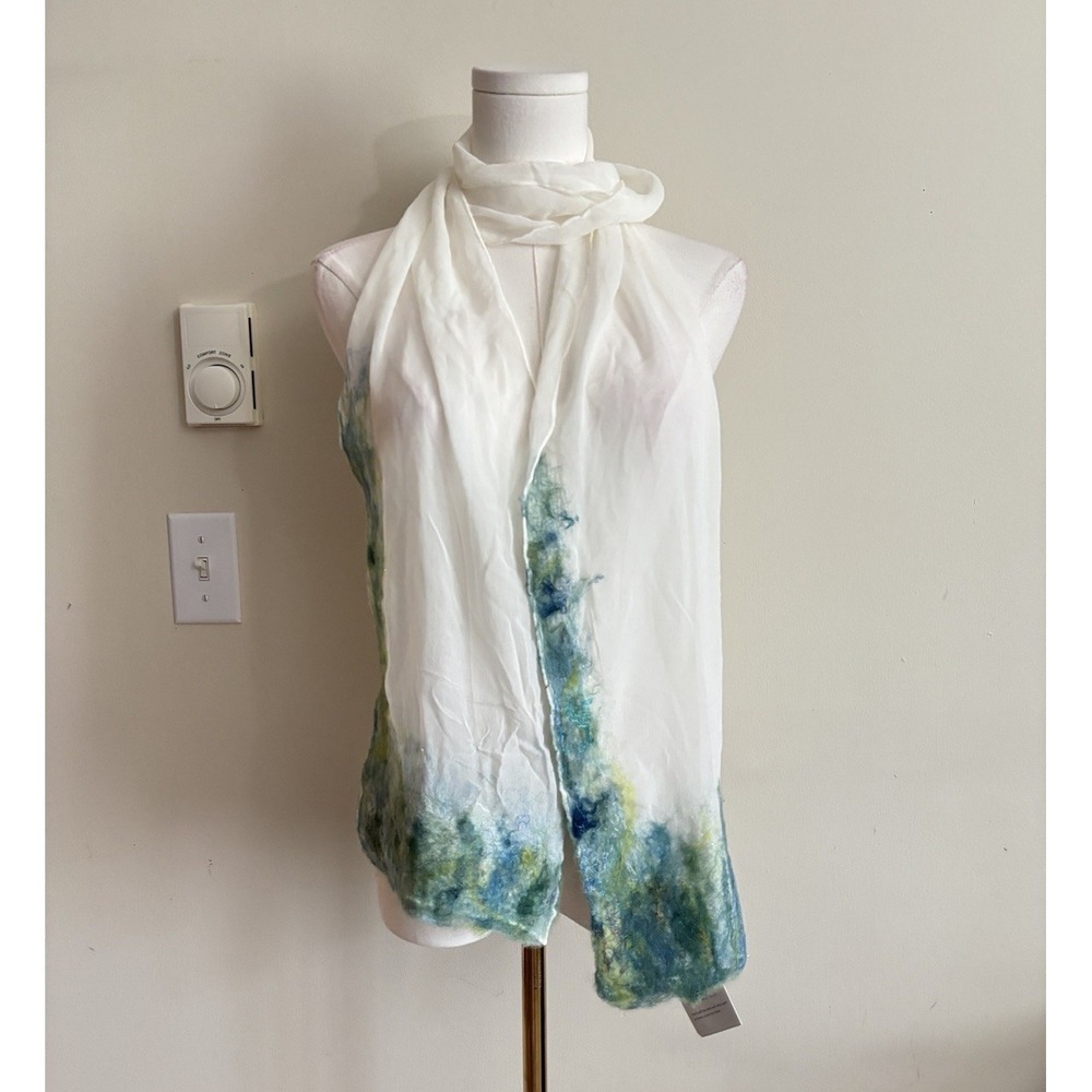 NWT Unique Art Handmade Scarf Wool Silk Coastal Beach Boho White Green Blue